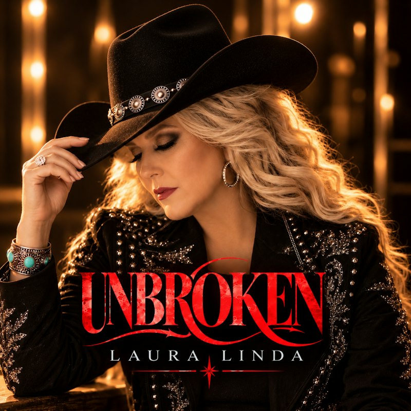 Unbroken single cover featuring Laura Linda in a black cowboy hat